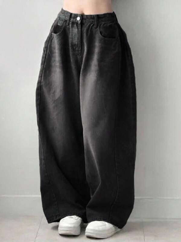 DAZY Jeans casuales de bolsillo de ajuste holgado de unicolor para mujer