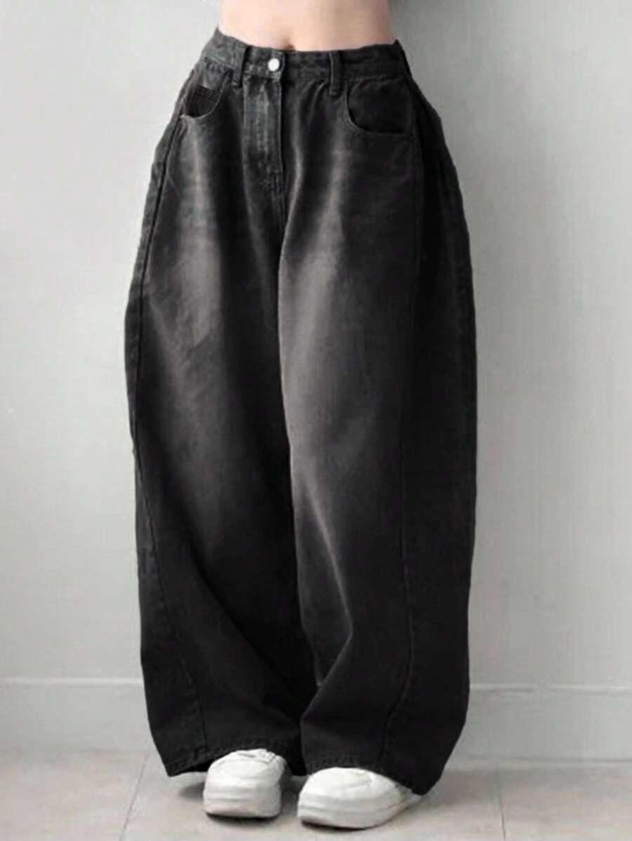 DAZY Jeans casuales de bolsillo de ajuste holgado de unicolor para mujer - Negro - Ver 1