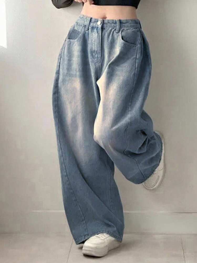 Women's Pocket Loose Wide Leg Casual Versatile Jeans