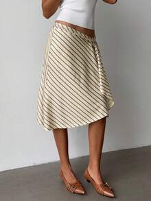 Aloruh Women's Fashionable & Elegant Yellow Striped Asymmetric Super Low Waist Striped Oblique Knee-Length Bodycon Flared Skirt, Suitable For Vacation & Daily Wear