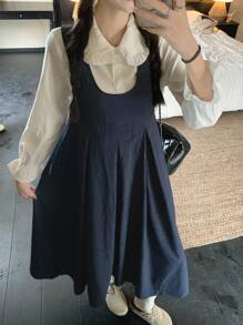 DAZY Women's Round Neck Pleated Korean Style Mid-Length Denim Dress - Blue - View 1