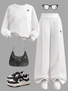 SHEIN Tween Girl Black And White Equestrian Embroidered Oversized Thermal Sweatshirt & Pleated Wide Leg Sweatpants Set,Autumn Casual School Back-To-School - White - View 6
