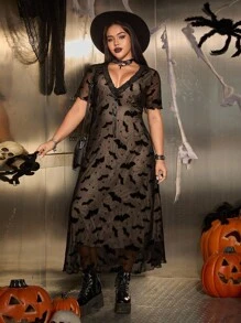 SHEIN EZwear 万圣节、郊游、约会、休闲、派对、返校 V 领蕾丝边蝴蝶结装饰蝙蝠绒提花弹力针织网眼黑色加大码超长连衣裙 - 黑色 - 查看 4