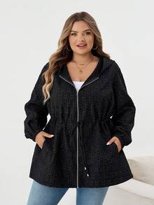 SHEIN CURVE+ Women's Plus Size Front Zipper Long Sleeve Hooded Jacquard Windbreaker Jacket, Casual Everyday Wear, Autumn Winter Fall/Autumn /Winter - Black - View 5