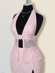 SHEIN ICON 女式蝴蝶结刺绣亮片两件套，心形水钻纽扣短款上衣和紧身裙，性感又 - 粉色 - 查看 11