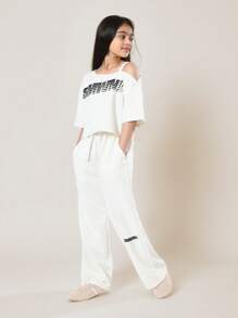 SUMWON 少女单肩印花套装阔腿裤夏季休闲运动服两件套Logo设计街头风穿搭 - 白色 - 查看 1