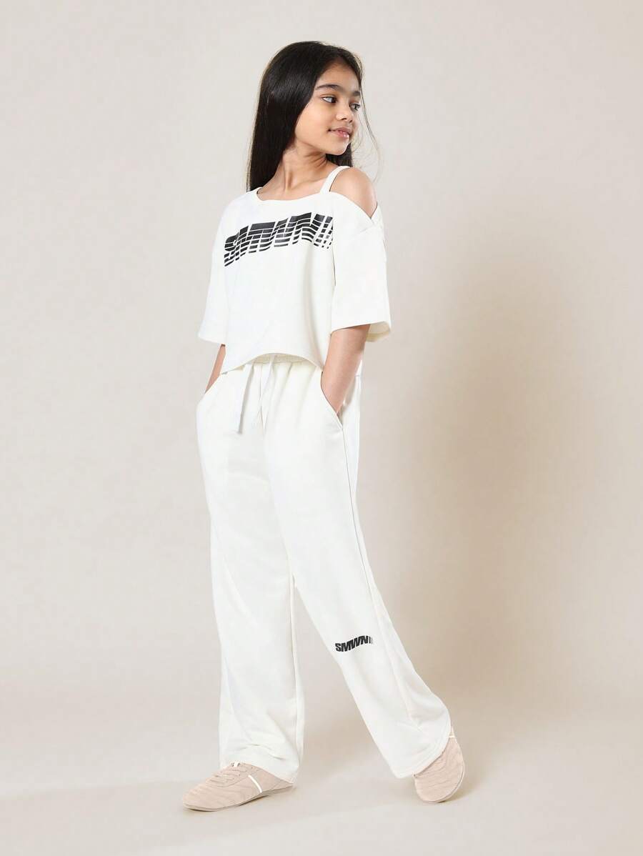 SUMWON 少女单肩印花套装阔腿裤夏季休闲运动服两件套Logo设计街头风穿搭 - 白色 - 查看 1