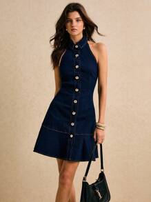 Poéselle 新款女式牛仔连衣裙无袖露背衬衫裙鱼尾荷叶边连衣裙深蓝色连衣裙秋季女士连衣裙万圣节商务休闲女式办公室连衣裙婚纱宾客仙女露肩连衣裙 - 深色水洗藍 - 查看 6