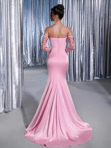 Glamrae Elegantes rosa Trägertop mit asymmetrischem Ausschnitt (abnehmbar) und wunderschönen Mesh-Pailletten, Langarm, Fischschwanz-Patchwork-Taille, plissierte Verzierung, glänzender Satin-Fischschwanz-Schleppe, geeignet für Date, Urlaub, Hochzeit und Veranstaltung, schweres Abendkleid (Herbst und Winter), Herbstkleider für Frauen