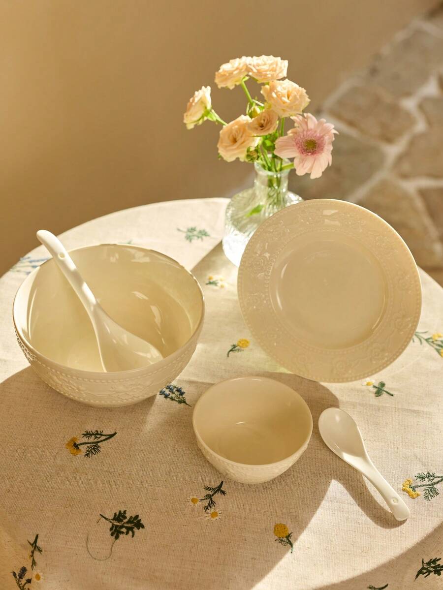 Cirelle 陶瓷浮雕法式奶油风格厨房碗和盘子,白色家用餐具套装,高审美价值,饭碗,蔬菜盘,盘子,筷子,洗碗机,微波炉适用|盘子,盘子套装,餐具套装,餐具 - 白色 - 查看 1