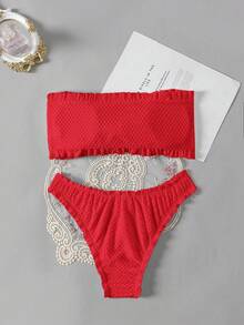 Swim Mod Women's Solid Color Ruffle Twist Bandeau Bikini Set For Summer Beach Vacation - Red - View 3