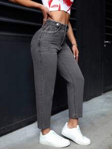 SHEIN PETITE Jeans casuales y cómodos con lavado y corte entallado para mujer - Gris Oscuro - Ver 2