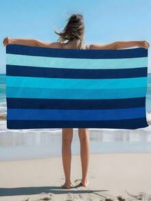 SHEIN 1 件超大蓝白条纹沙滩巾，超柔软轻盈的超细纤维，速干，非常适合海滩、泳池、热水浴缸 | 旅行套装，泳池必备品 | 条纹图案 | 抗起球面料，沙滩巾 - 彩色 - 查看 4