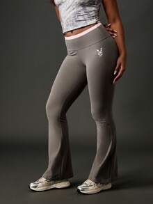 Missguided x Playboy 高腰喇叭裤紧身裤，粉色腰带细节，俱乐部派对晚装弹力裤，适合 Y2K 复古时尚审美 - 灰色 - 查看 1