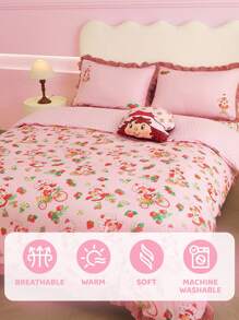 Strawberry Shortcake X SHEIN 3 Pc Cartoon Figure & Strawberry Gingham Ruffle Trim Bedding Set,Suitable For Single Bed/Double Bed/Queen Bed/King Bed, Dormitory/Home,Gift Ideas, Summer / Spring - Multicolor - View 10