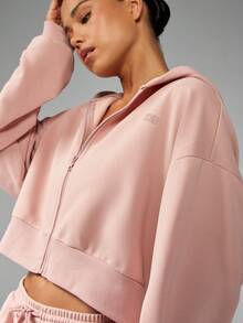 MISSGUIDED 舒适短款全拉链连帽衫拉绒羊毛运动衫冬季休闲必备连帽衫带抽绳罗纹下摆休闲日常层 - 藕粉色 - 查看 4