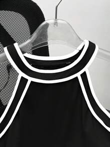 SHEIN 少女撞色滚边露背连体衣/连身裤，休闲运动装 - 黑與白 - 查看 3