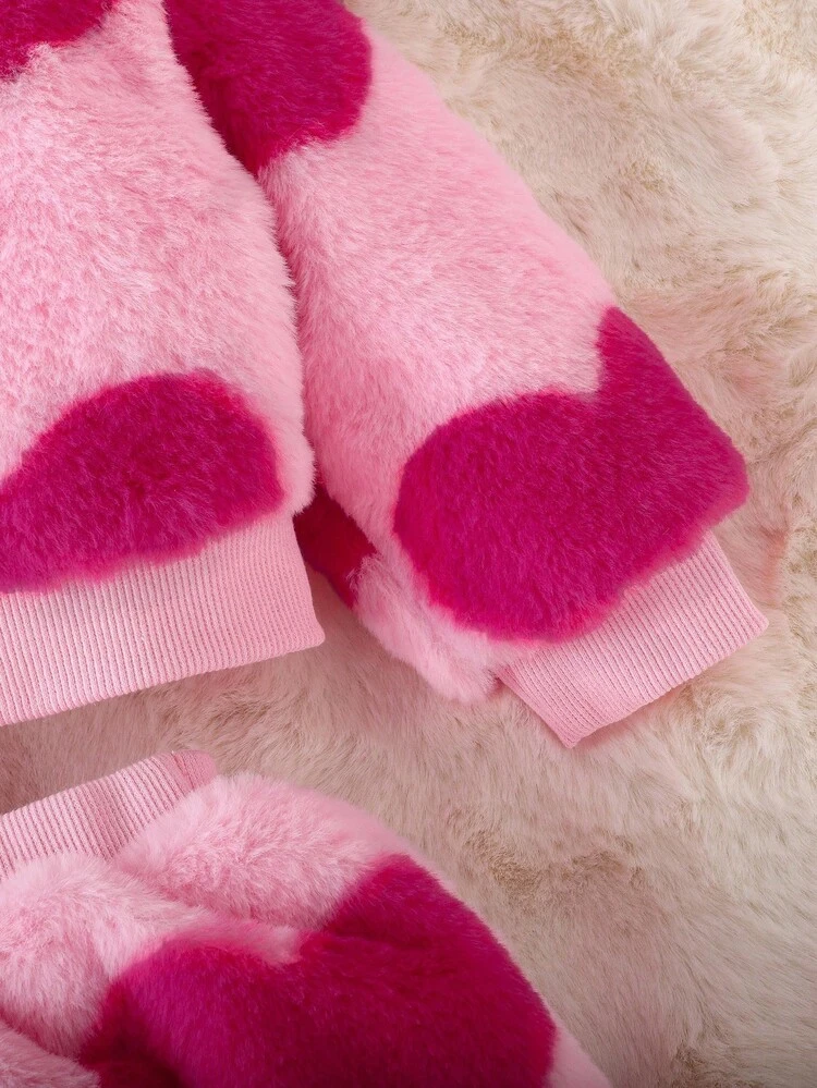 Baby Girl Elegant Heart Print Fluffy Sweater Set With Hat, Fall/Winter Clothes - Pink - View 6