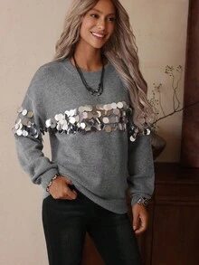 Women's Handmade Sequin Embellished Western Casual Sweater, LanaWest Fall Winter Cloth For Women - Grey - View 3