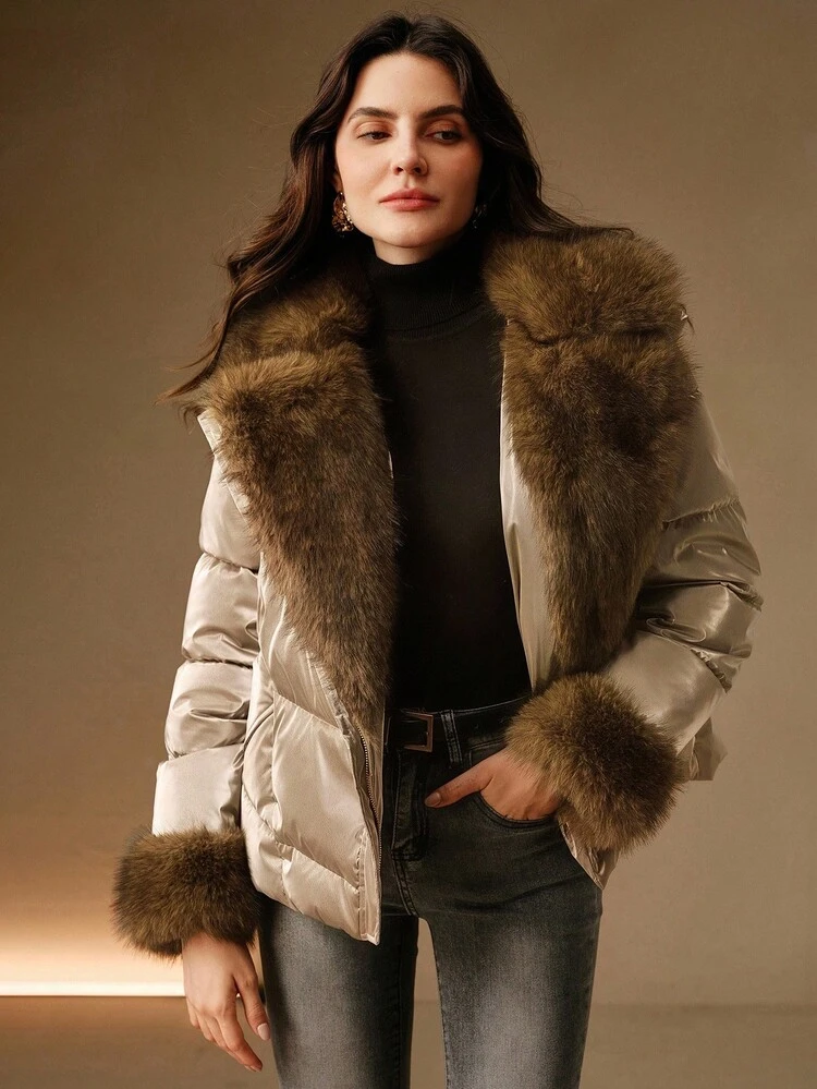 Chaqueta corta y gruesa para mujer con cuello de piel, empalmado de piel, ajuste delgado, cremallera metálica y bolsillos