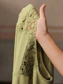 Anewsta Áo thun tay ngắn cổ tròn phối ren thanh lịch cỡ lớn dành cho nữ, thích hợp mặc khi đi làm, mùa hè - màu xanh lá - Xem 8