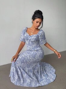 Elenzga 夏季短袖度假海滩音乐节粉色碎花长裙 - 藍色 - 查看 4