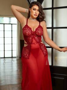 SHEIN Seduluxe 2 piezas Conjunto de lencería de talla grande con encaje y malla de contraste con aros