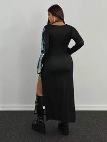 Whyspr 万圣节骷髅夜光黑色长袖圆领修身超长连衣裙 - 黑色 - 查看 2