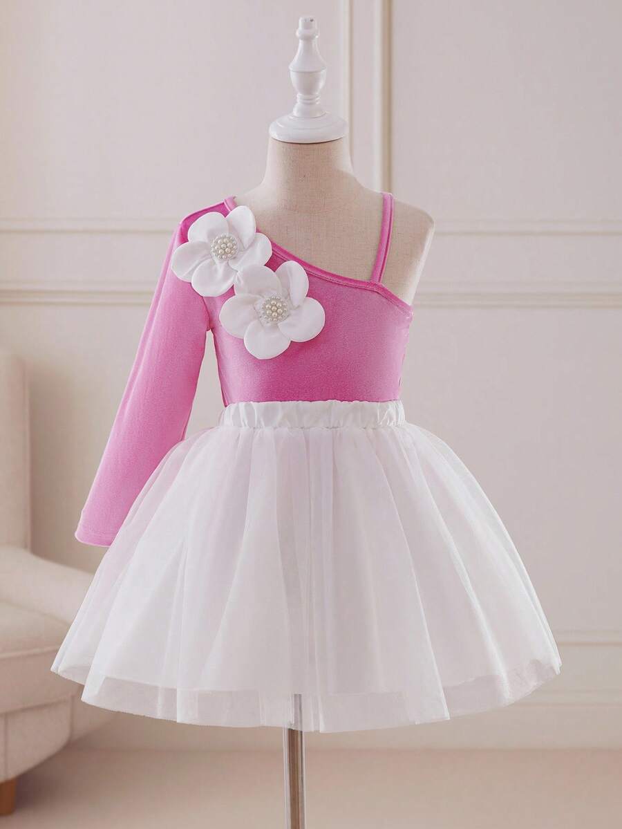 Glamorique Kids 女童天鹅绒斜肩3D花卉上衣和网眼裙两件套，适合节日、派对、活动 - 粉色 - 查看 1