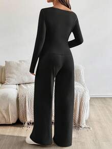 SHEIN 2pcs Maternity Casual Solid Asymmetric Top And Pants Set Pregnant Two Piece Set Black Maternity Two Piece Set Maternity Clothes Two Piece Set Maternity Two Piece Outfit Pregnancy Outfits - Black - View 2