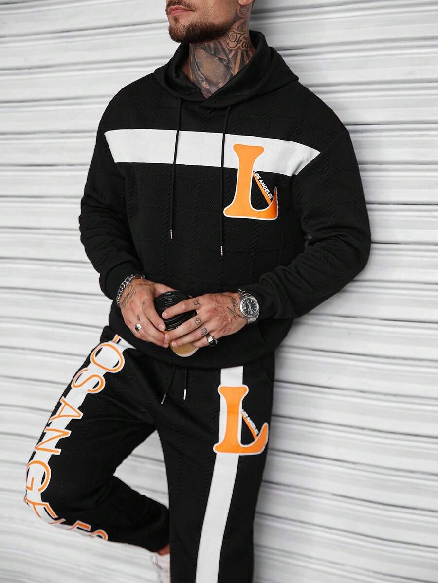 Manfinity LEGND Men's Hooded Sweatshirt Set, Mature Street Style Textured Fabric, English Letter Print Pattern - Black - View 1