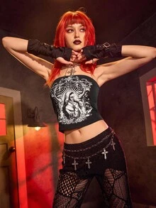 The Nun X SHEIN Top tubo con estampado de figura y cruz, verano para mujer - Negro - Ver 4