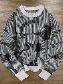 Manfinity Roghcode Áo len nam dáng rộng, vai rớt, in họa tiết toàn thân, viền tương phản, thích hợp mặc mùa thu/đông trở lại trường học. - màu đen - Xem 1