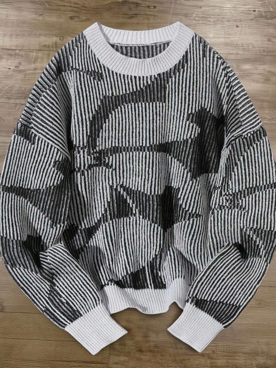 Manfinity Roghcode Áo len nam dáng rộng, vai rớt, in họa tiết toàn thân, viền tương phản, thích hợp mặc mùa thu/đông trở lại trường học. - màu đen - Xem 1