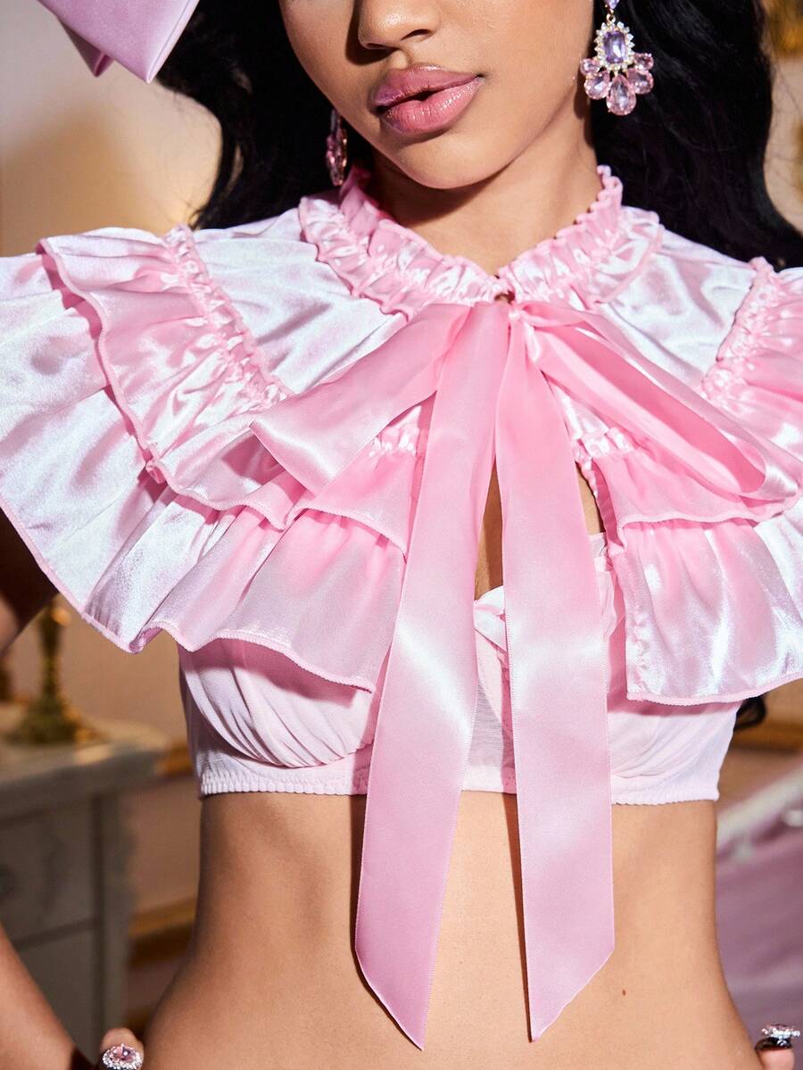 Pañuelo de cuello de satén con diseño de pastel de capas rosa, accesorio de lencería kawaii y lindo para mujeres en fiestas y festivales de música estilo Lolita - Rosa - Ver 1