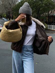 Women's Fur Collar Patchwork Loose Casual Street Style PU Leather Padded Coat Jacket Winter - Coffee Brown - View 4