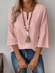 SHEIN LUNE Camisa de unicolor con parches de encaje, casual para vacaciones - Rosado Sandía - Ver 4