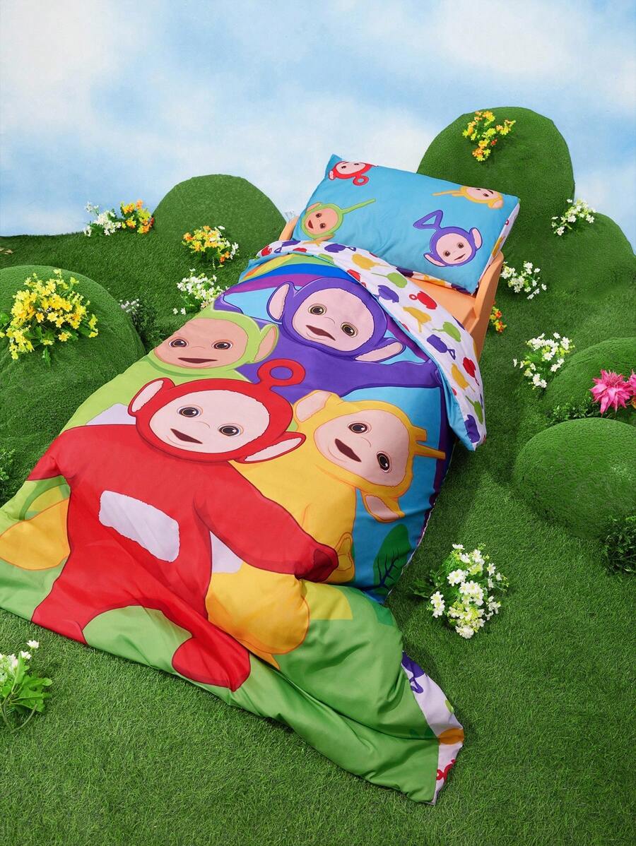 Teletubbies X SHEIN 3pc Cartoon & Rainbow Print Bedding Setsoft, Comfortable, Warm, Machine Washable, Suitable For Single Bed/Double Bed/Queen Bed/King Bed, Dormitory/Home - Multicolor - View 1