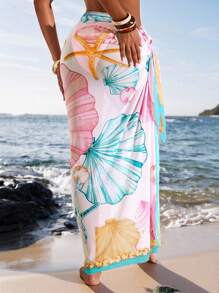 Opulessa Long Sheer Beach Cover-Up For Women With Vibrant Graphic Design And Knot Accent Beach Cover Up Sarong Coverup Long Cover Ups For Swimwear Beach Kimono Dress Beach, Sexy Club Outfits, Halloween, Christmas , New Year, Thanksgiving Outfits
