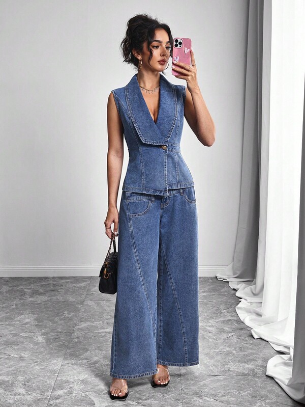 Selianne Quần Jeans Ống Rộng Túi Rộng Thường Ngày Đa Năng Cho Nữ