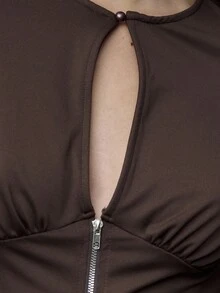 TypaGal Women's Dark Brown Zip-Front Top Under-Bust Ruching Long Sleeve Autumn Night Out Seksi Chic Modern Office Attire Business Professional Winter Top - Coffee Brown - View 5