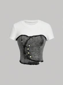 SHEIN MOD Women's Casual Denim Patchwork Short Sleeve Fitted Blouse Denim Bustier Top Punk Tops