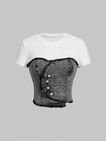 SHEIN MOD 女式休闲牛仔拼布短袖修身衬衫