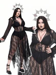 Whyspr Goth Punk Gothic Halloween Plus Size Lace Coats Fall Winter Cloth For Women - Black - View 8
