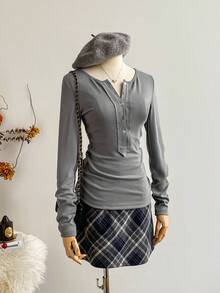 SHEIN Unity Áo thun cổ tròn tay dài màu trơn phong cách Y2K dành cho nữ, mùa thu - Xám - Xem 1