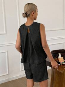 Livesso 女式深水洗蓝色圆领露背无袖宽松牛仔上衣和短裤两件套 - 黑色 - 查看 2