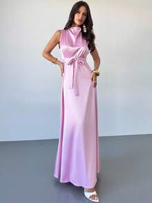 Firerie New Minimalist Elegant Commuter Satin Pink Sleeveless Tie-Waist Dress With Ruched Collar And Flowy Design - Pink - View 4
