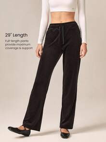 GLOWMODE Smooth Soft Velvet Adjustable Drawstring Waist Straight Leg Pants With Side Pockets Daily Casual - Black - View 4