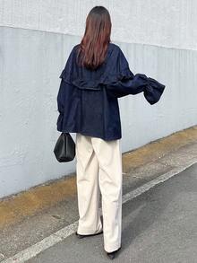 FRIFUL 女式休闲水洗牛仔夹克，荷叶边喇叭袖，系带腰带 - 藍色 - 查看 4