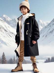 SHEIN 1pc Young Boy Casual Comfortable Thick Lined Hooded Jacket,Fashionable Soft Black Long Coat,Suitable For Back To School Daily Wear Autumn/Winter - Black - View 1